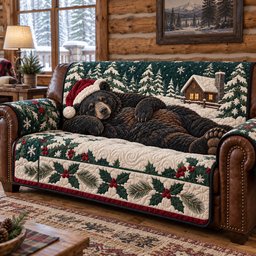Santa Bear Holiday Quilted Sofa Cover Christmas Furniture Cover Bear Lovers Gifts