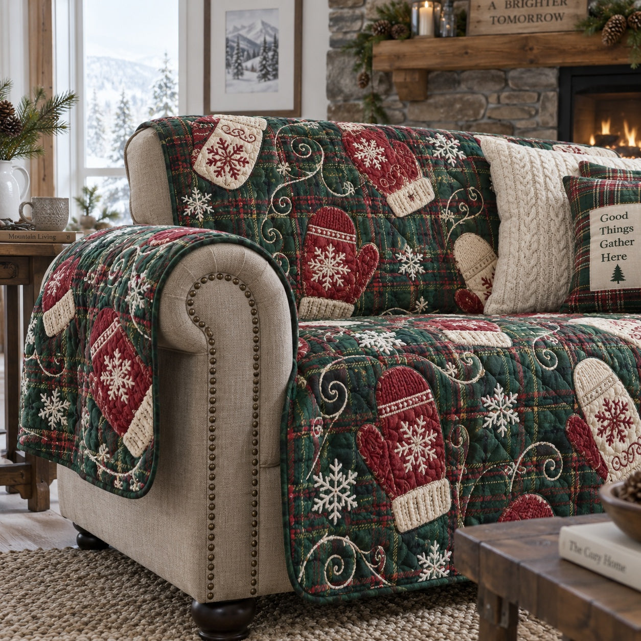 Crimson Frost Mittens Quilted Sofa Cover Christmas Living Room Decor Gift For Grandpa