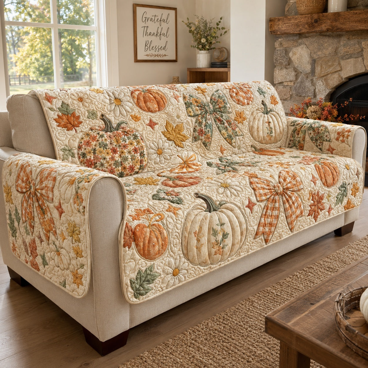 Autumn Bows Quilted Sofa Cover Christmas Living Room Decor Christmas Gifts