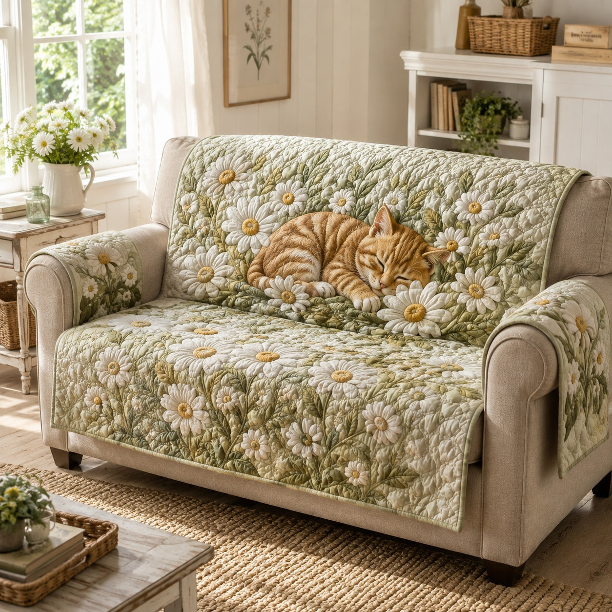 Daisy Whisker Drift Quilted Sofa Cover Holiday Couch Cover Cat Lovers Gifts