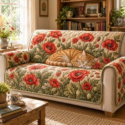 Crimson Poppy Slumber Quilted Sofa Cover Festive Couch Cover Holiday Gift For Homeowners
