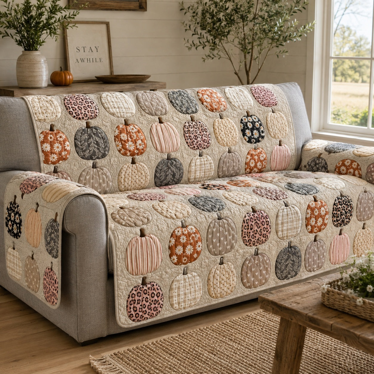 Blush Pumpkins Quilted Sofa Cover Holiday Furniture Cover Christmas Gifts For Wife
