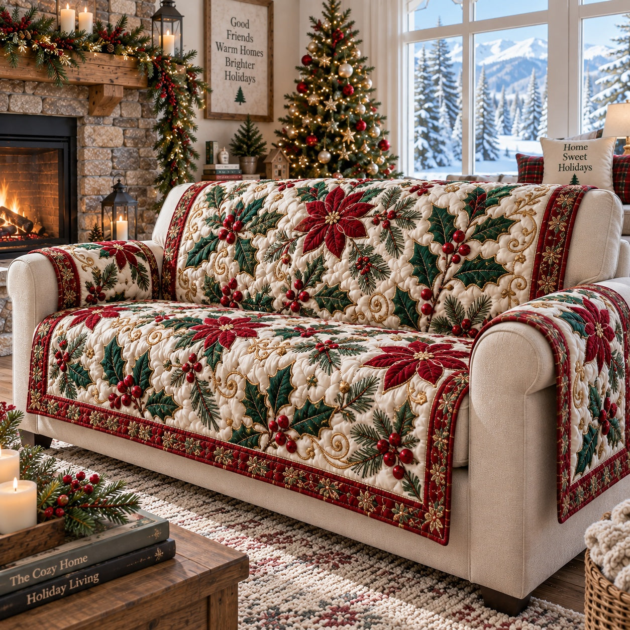 Crimson Poinsettia Bloom Quilted Sofa Cover Festive Quilted Sofa Cover Him Gift