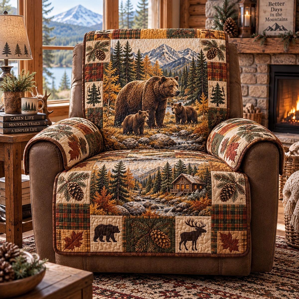 Autumn Bear Wilderness Quilted Sofa Cover Christmas Sofa Protector Bear Lovers Gift