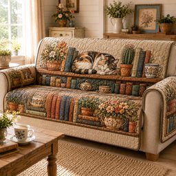 Botanical Library Feline Quilted Sofa Cover Holiday Home Decor Funny Christmas Gifts