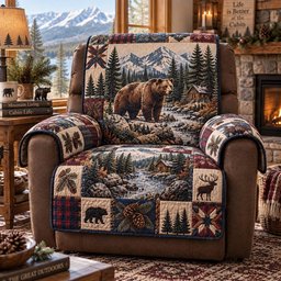 Blue Ridge Bear Cabin Quilted Sofa Cover Holiday Sofa Cover Xmas Gift For Homeowners