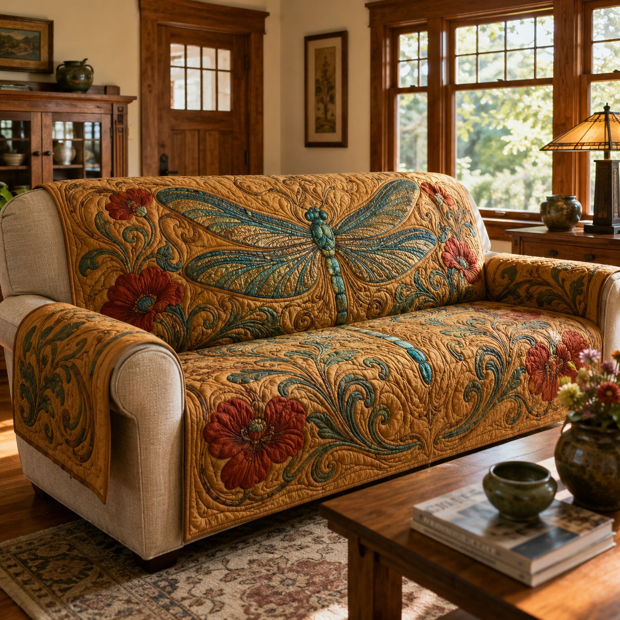 Amber Poppy Flight Quilted Sofa Cover Xmas Sofa Cover Best Christmas Gift Ideas_