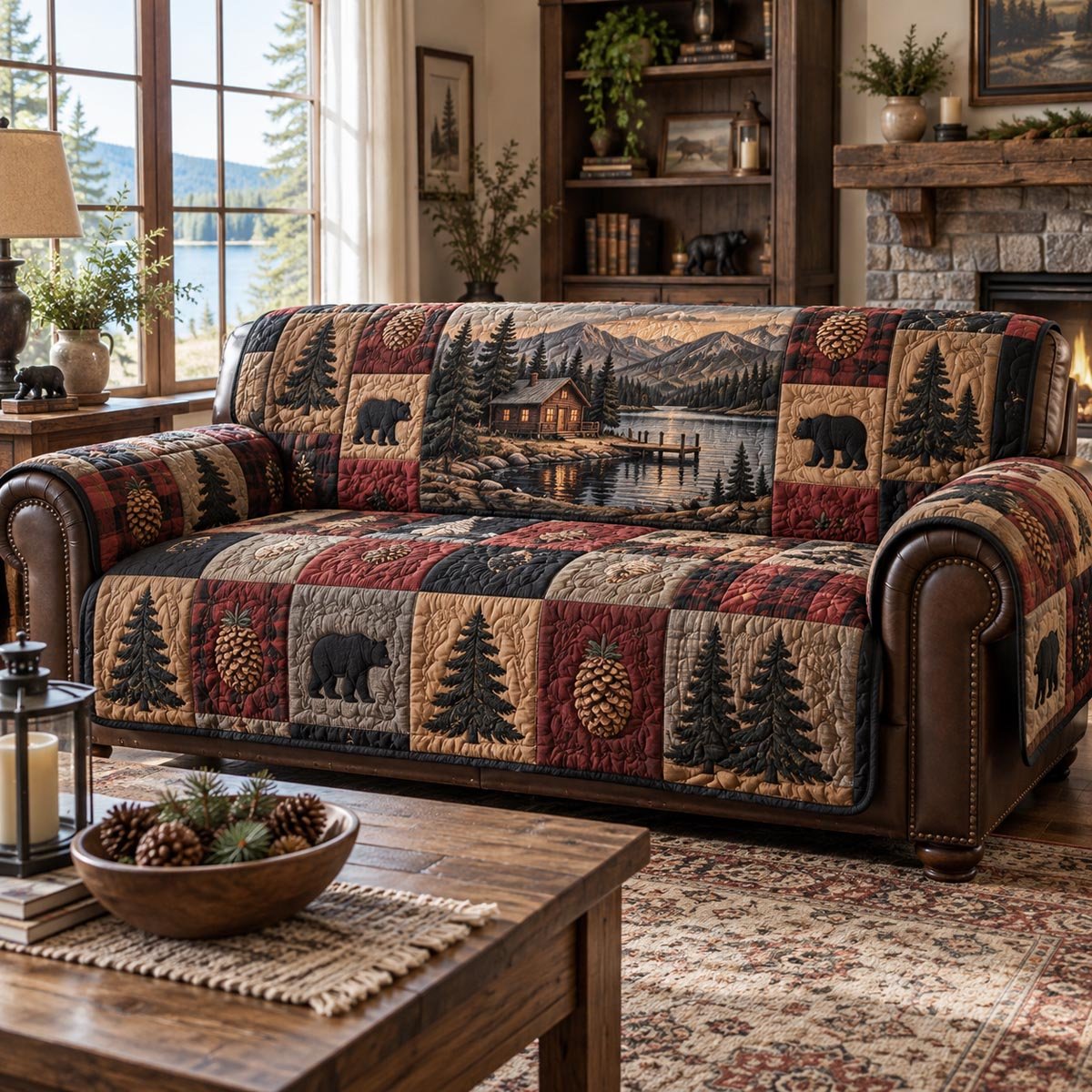 Black Bear Cabin Quilted Sofa Cover Winter Quilted Sofa Cover Christmas Ideas For Her