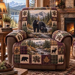 Black Bear Forest Lodge Quilted Sofa Cover Seasonal Sofa Cover Bear Lovers Gifts