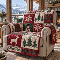Crimson Reindeer Plaid Quilted Sofa Cover Holiday Quilted Sofa Cover Holiday Gift
