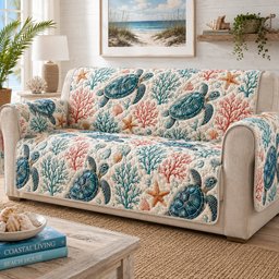 Crimson Coral Gliders Quilted Sofa Cover Christmas Furniture Cover Turtle Lovers Gift