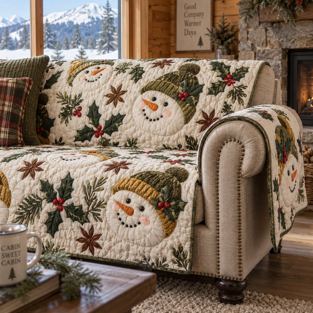 Frosty Holly Guardian Quilted Sofa Cover Xmas Sofa Cover Best Christmas Gift Ideas_