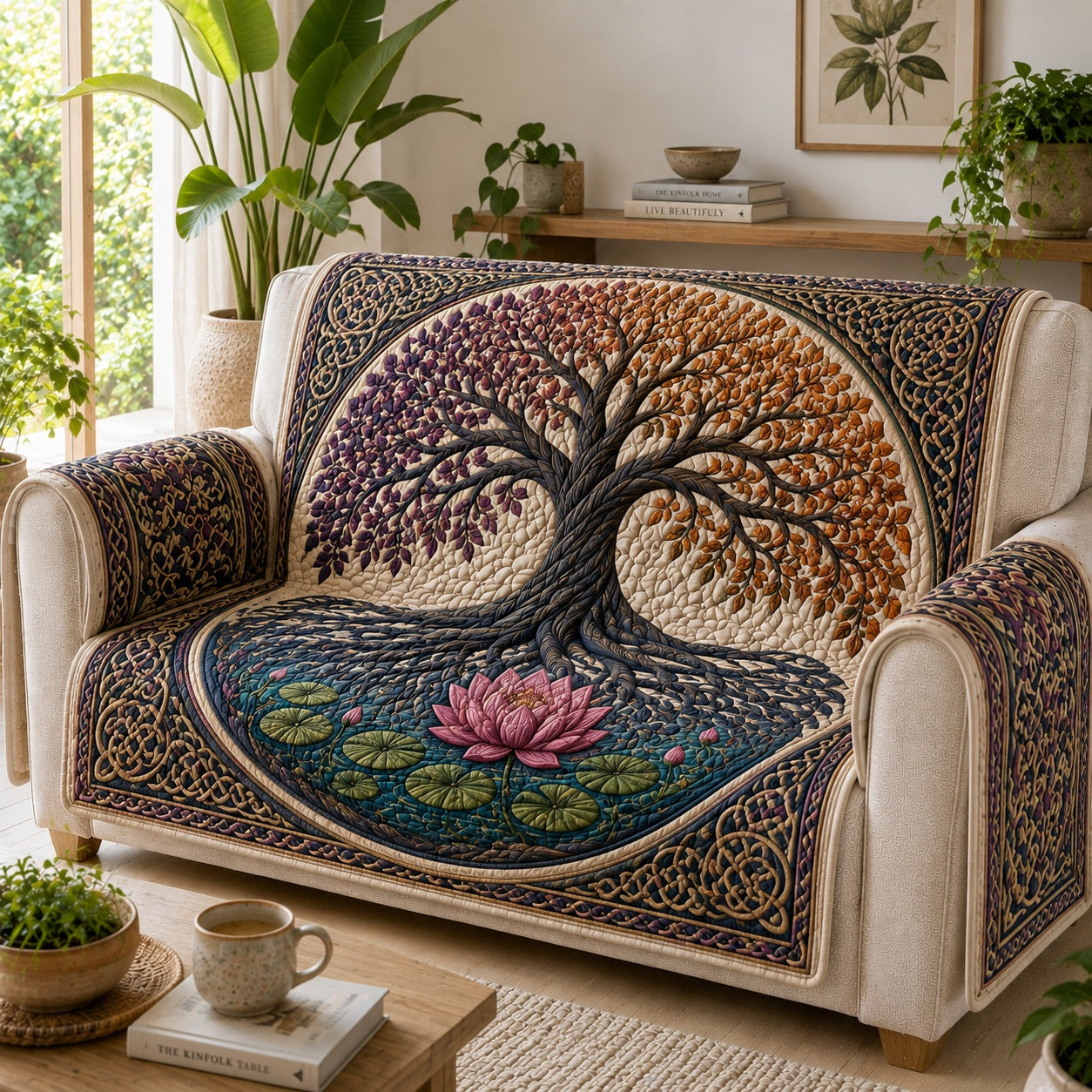 Sacred Lotus Grove Quilted Sofa Cover Quilted Couch Protector Christmas Gifts