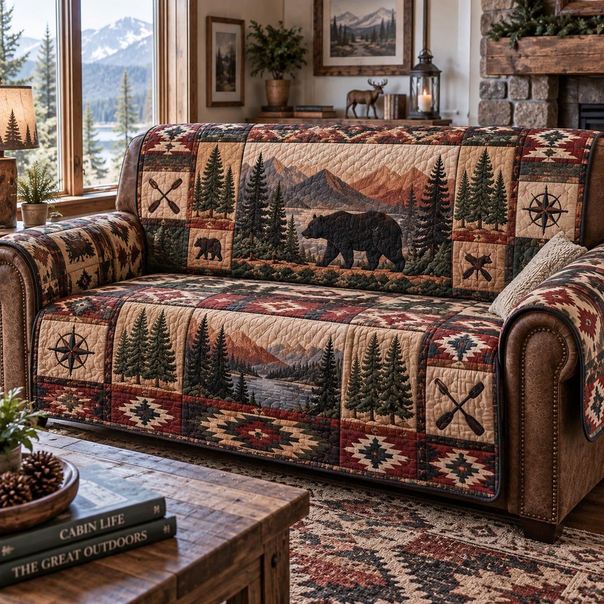 Moose Mountain Lodge Quilted Sofa Cover Cozy Christmas Home Decor Christmas Presents