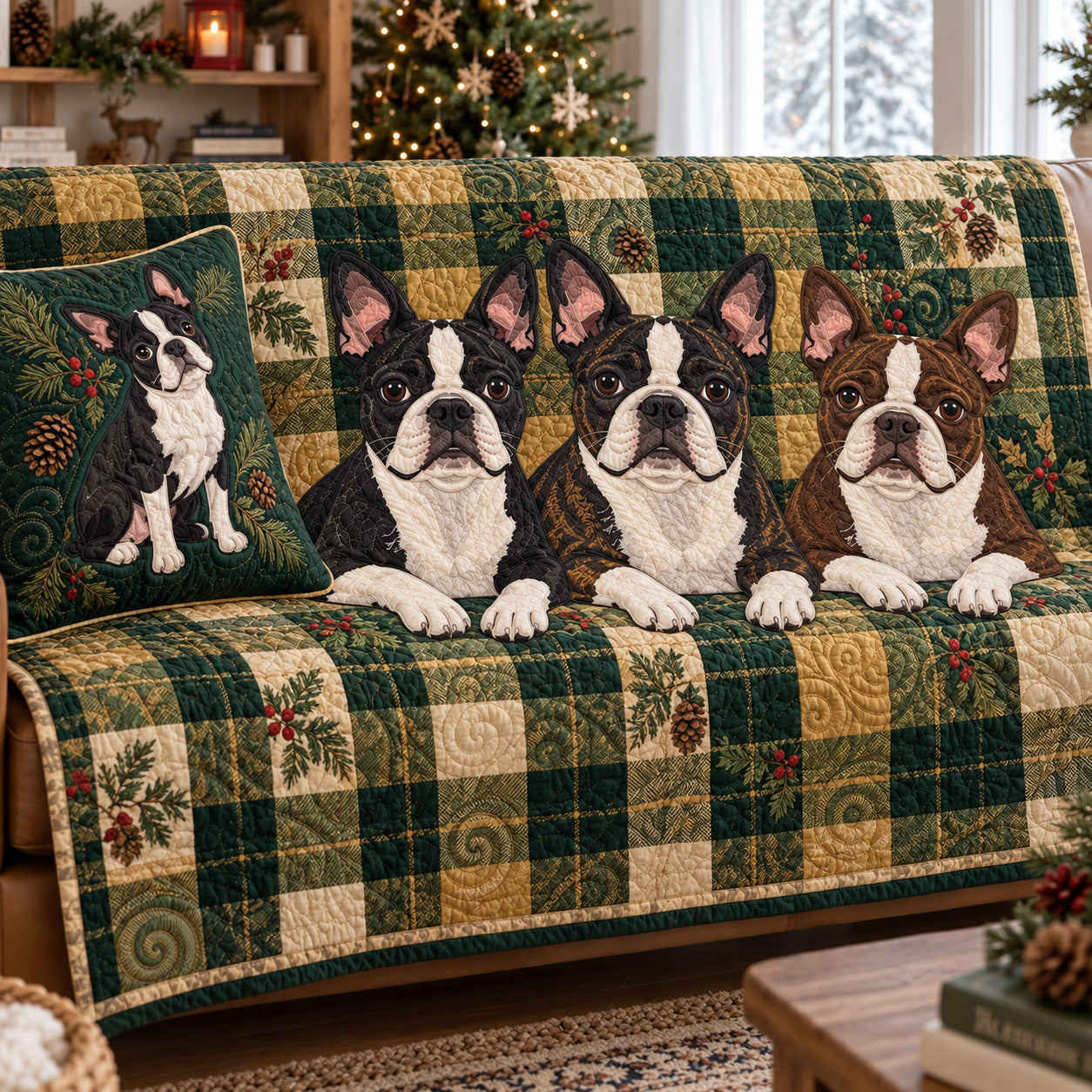 Plaid Paws Christmas Quilted Sofa Cover Festive Couch Cover Gift For Christmas