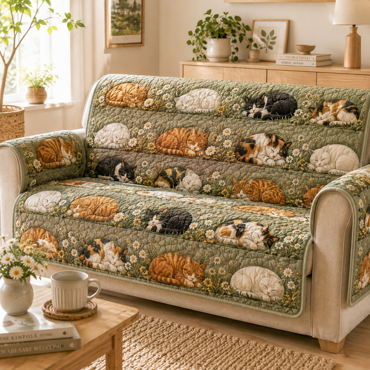 Slumbering Flora Chorus Quilted Sofa Cover Holiday Quilted Couch Cover Cat Lovers Gifts