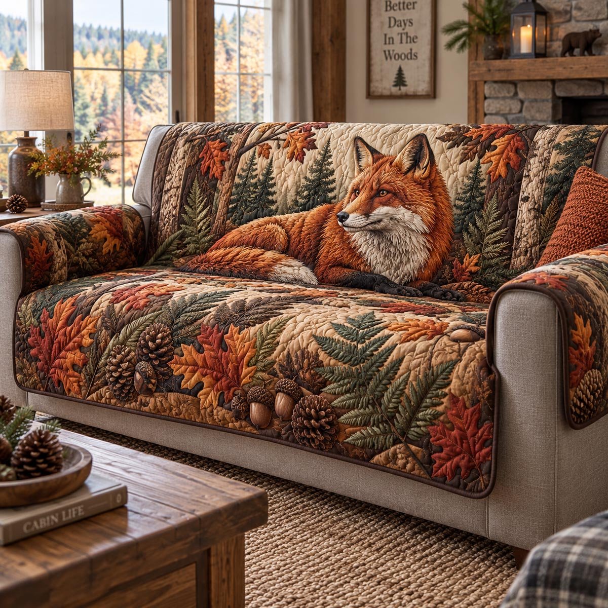 Red Fox Autumn Forest Quilted Sofa Cover Winter Quilted Sofa Cover Secret Santa Gifts