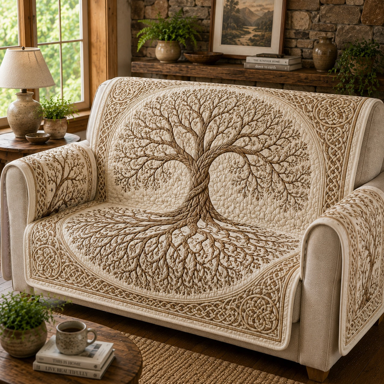 Ivory Winter Solstice Quilted Sofa Cover Xmas Couch Cover For Festive Home Decoration