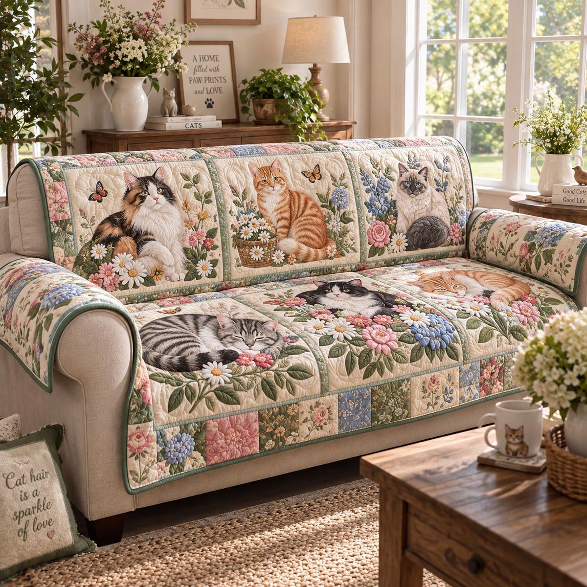 Patchwork Kitty Meadow Quilted Sofa Cover Christmas Sofa Cover Holiday Gifts