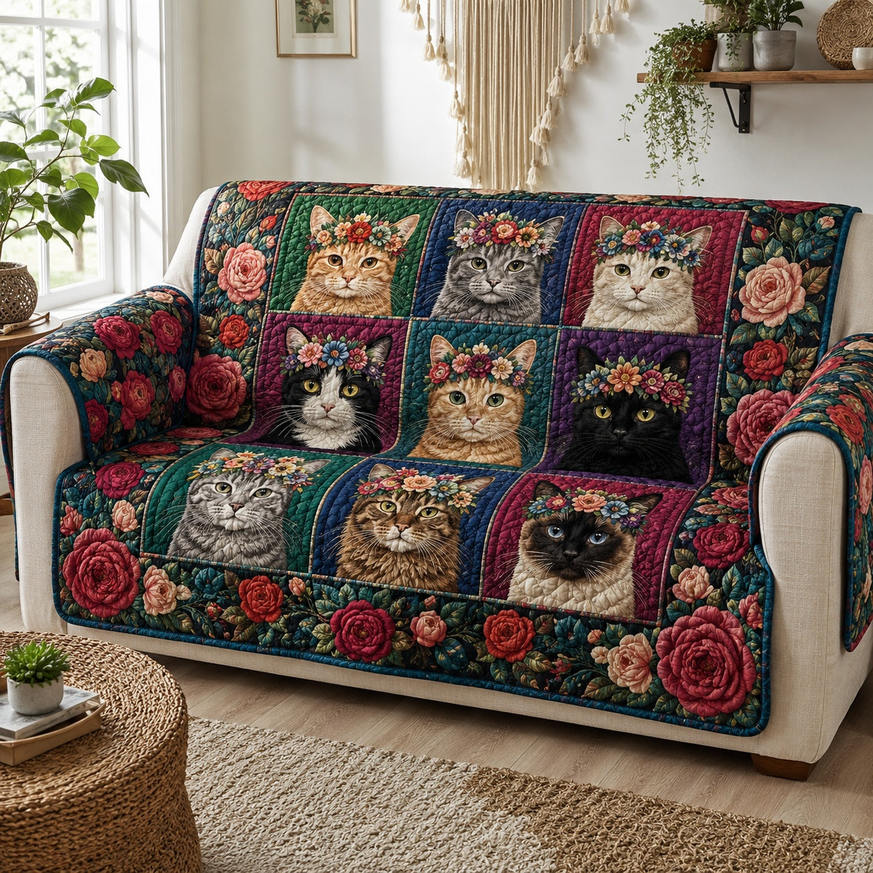 Floral Whisker Royalty Quilted Sofa Cover Quilted Couch Slipcover Gift For New Home