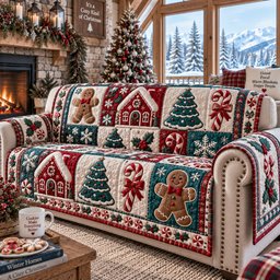 Spiced Cookie Cottage Quilted Sofa Cover Winter Quilted Sofa Cover Gift For Xmas