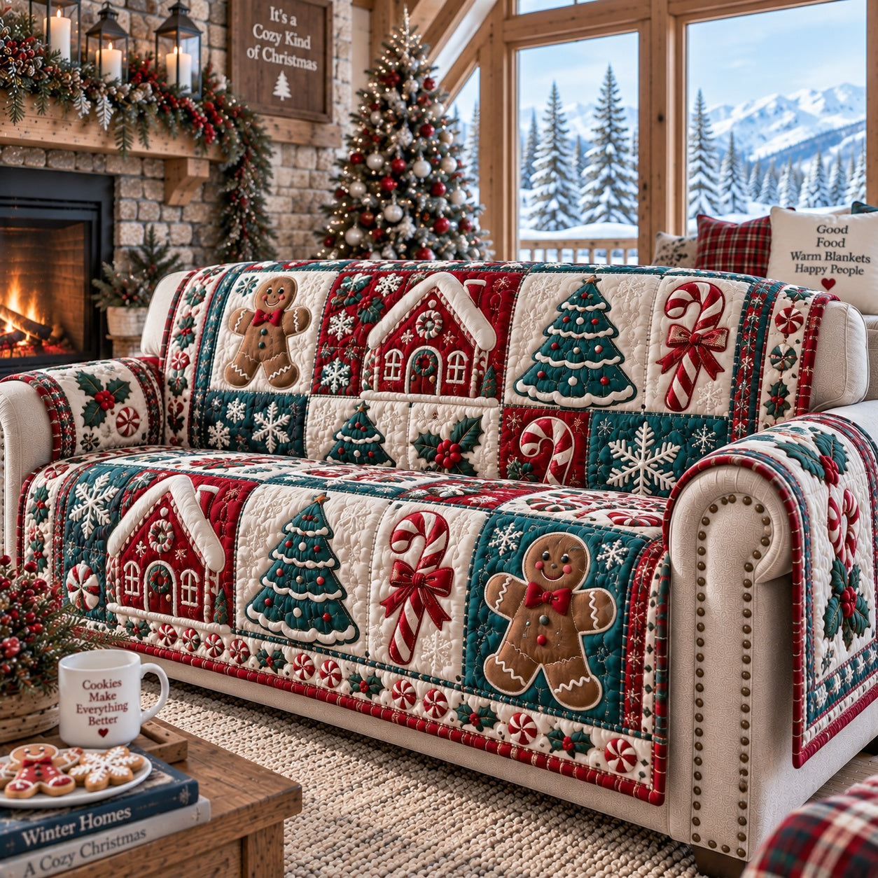 Spiced Cookie Cottage Quilted Sofa Cover Winter Quilted Sofa Cover Gift For Xmas