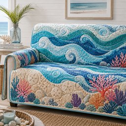 Oceanic Wave Reef Quilted Sofa Cover Quilted Couch Slipcover Xmas Gift For Grandma
