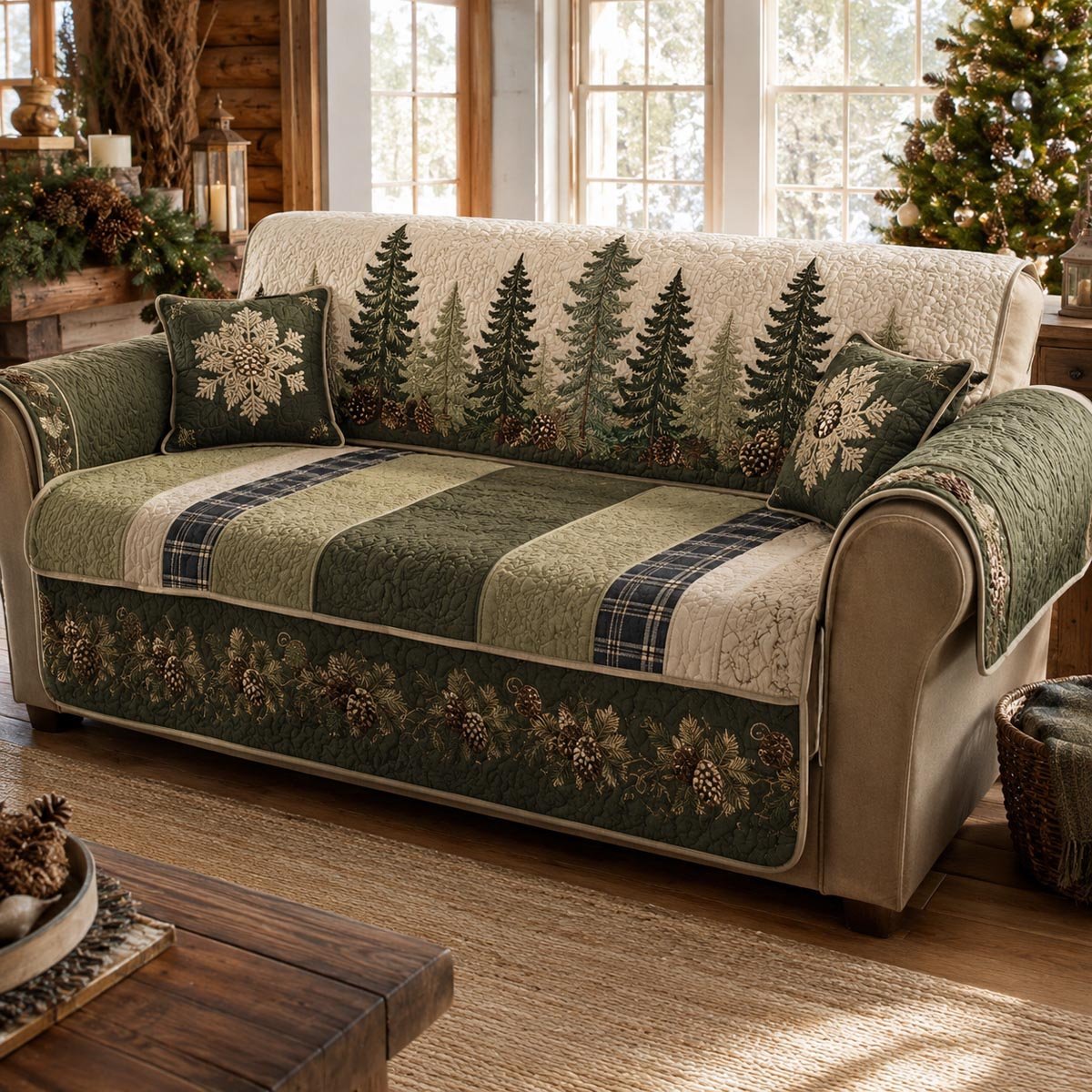 Evergreen Patchwork Quilted Sofa Cover Holiday Quilted Couch Cover For Winter Home Decor