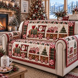 Peppermint Polar Express Quilted Sofa Cover Christmas Living Room Decor Dad Gifts