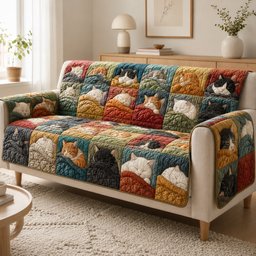 Slumbering Whisker Mosaic Quilted Sofa Holiday Quilted Sofa Cover Cat Lovers Gift