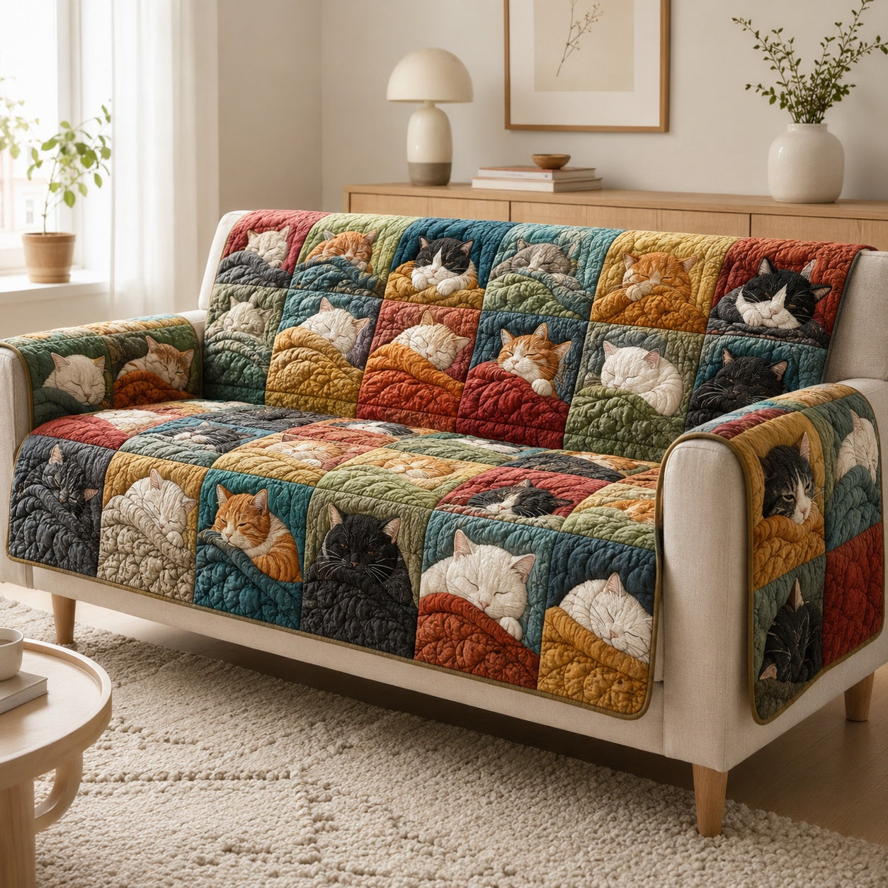 Slumbering Whisker Mosaic Quilted Sofa Holiday Quilted Sofa Cover Cat Lovers Gift