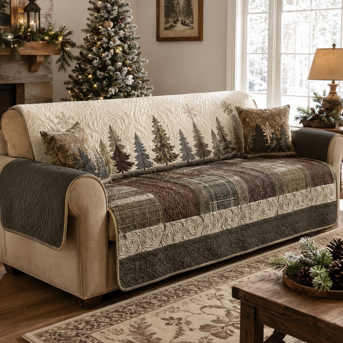 Pine Woodland Quilted Sofa Cover Festive Quilted Sofa Cover Gift For Grandparents