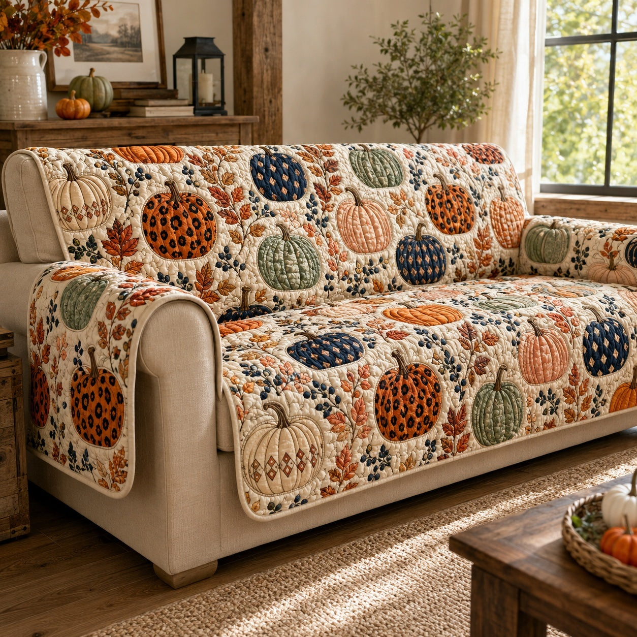 Spotted Pumpkins Quilted Sofa Cover Quilted Sofa Cover For Christmas Home Decor