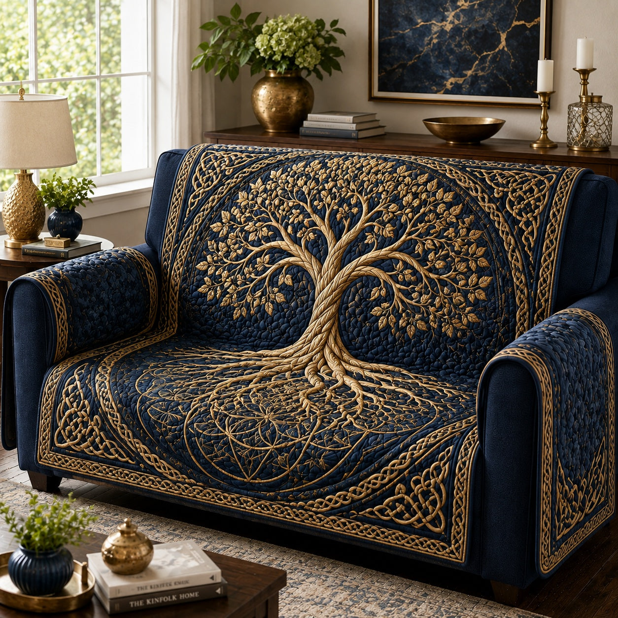 Golden Indigo Forest Quilted Sofa Cover Festive Couch Cover Gift For Grandparents
