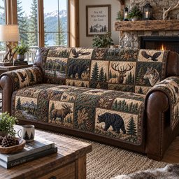Mountain Wildlife Cabin Quilted Sofa Cover Quilted Sofa Protector For Christmas Season