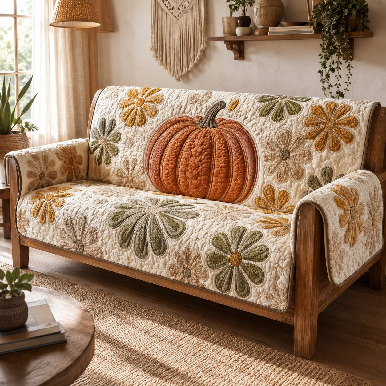 Retro Pumpkin Quilted Sofa Cover Cozy Christmas Home Decor Gift For Parents