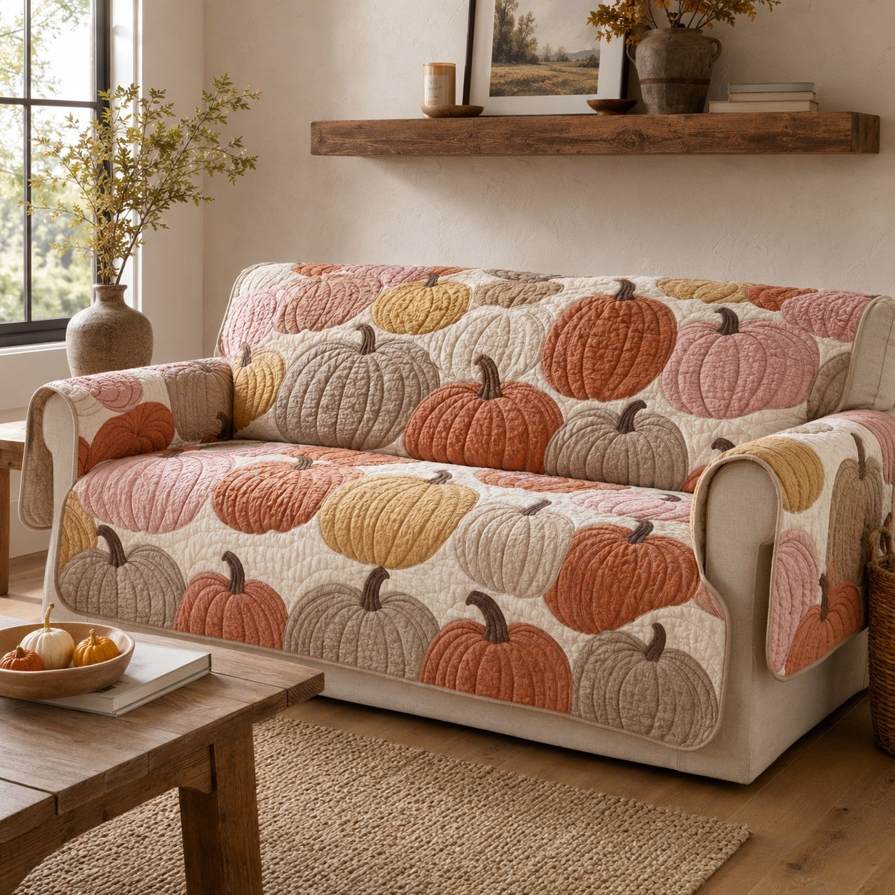 Muted Pumpkins Quilted Sofa Cover Xmas Couch Cover For Festive Home Decoration