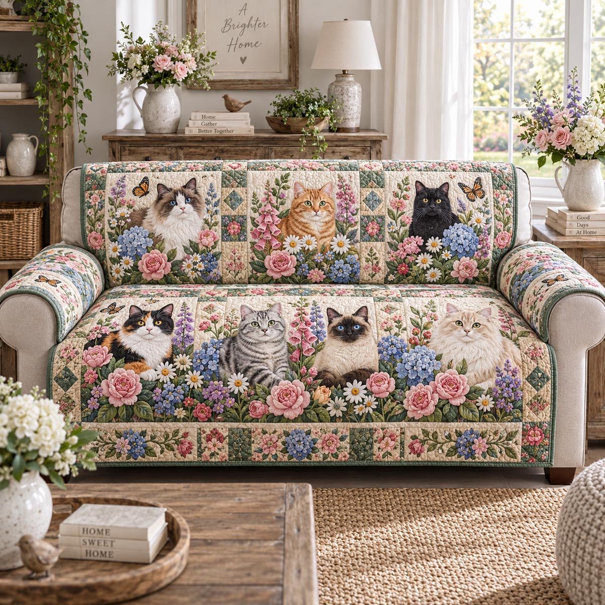Floral Feline Gathering Quilted Sofa Cover Quilted Sofa Slipcover Gift For Xmas
