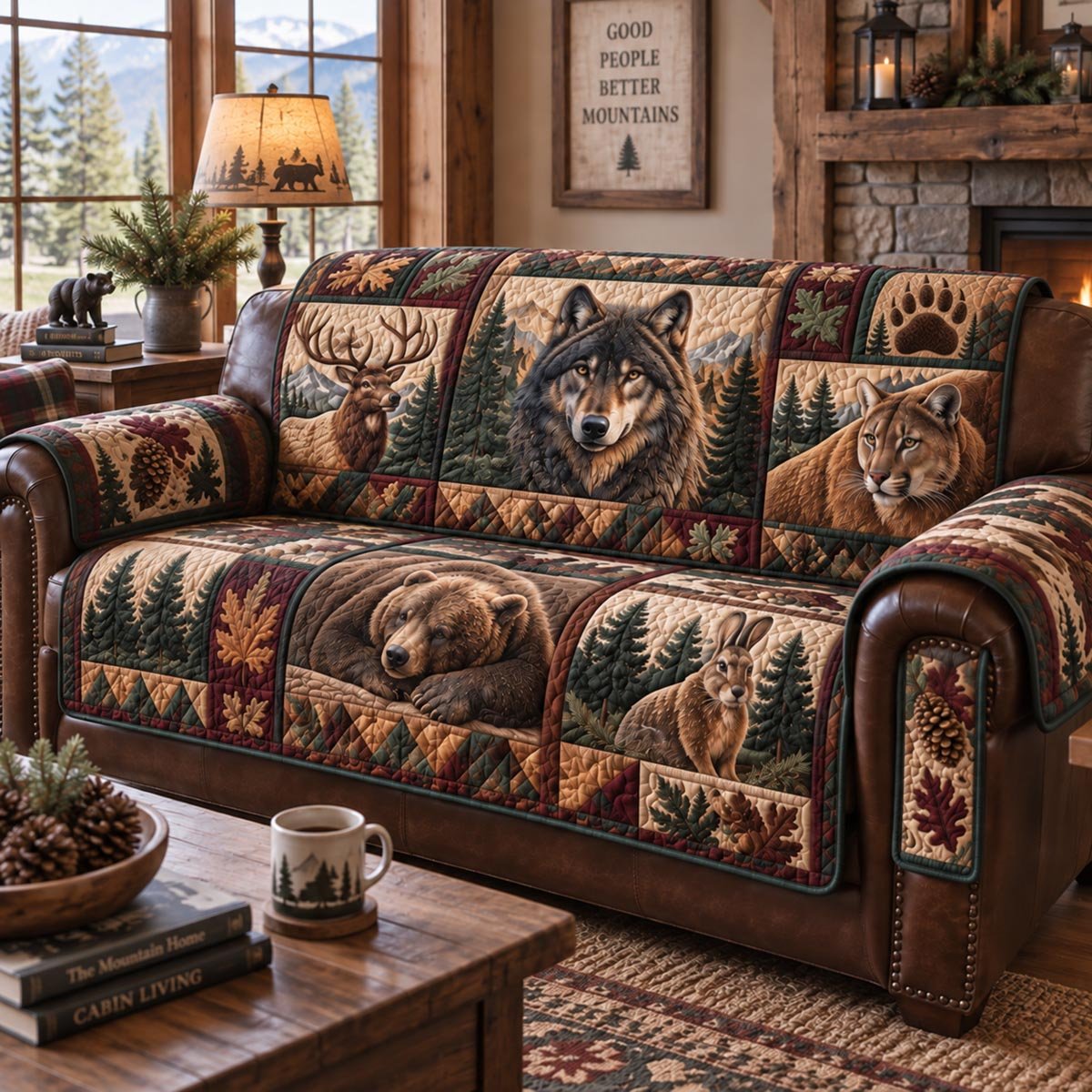 Woodland Lodge Quilted Sofa Cover Xmas Couch Cover Gift For Grandparents