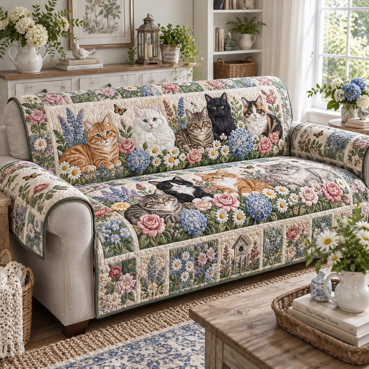 Whiskers In Bloom Quilted Sofa Cover Quilted Couch Cover Gift For Home Decor Lovers