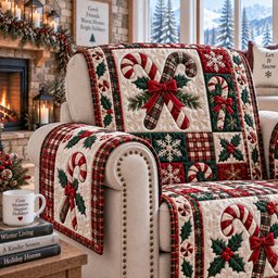 Sweet Crimson Canes Quilted Sofa Cover Quilted Couch Cover Gift For Christmas