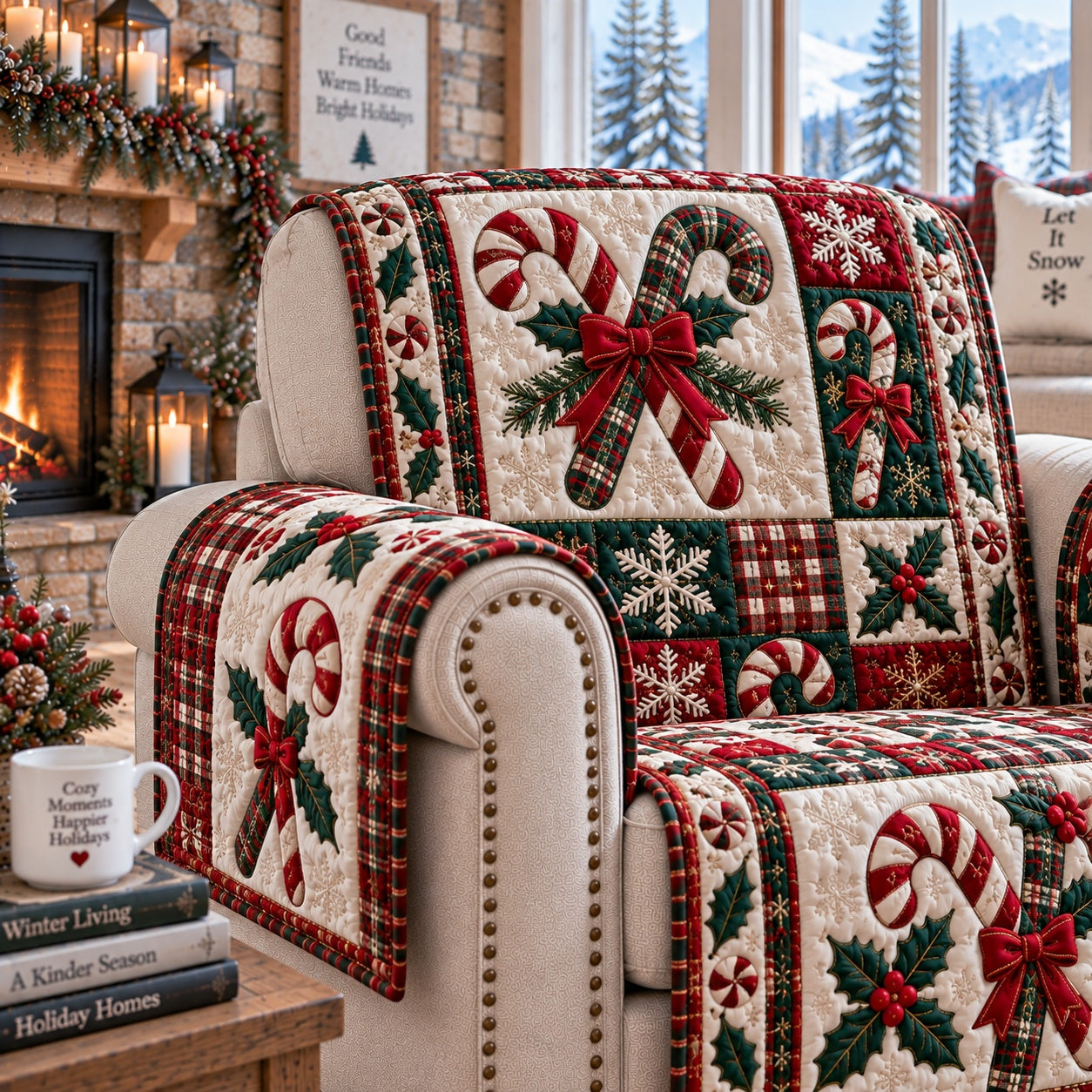 Sweet Crimson Canes Quilted Sofa Cover Quilted Couch Cover Gift For Christmas