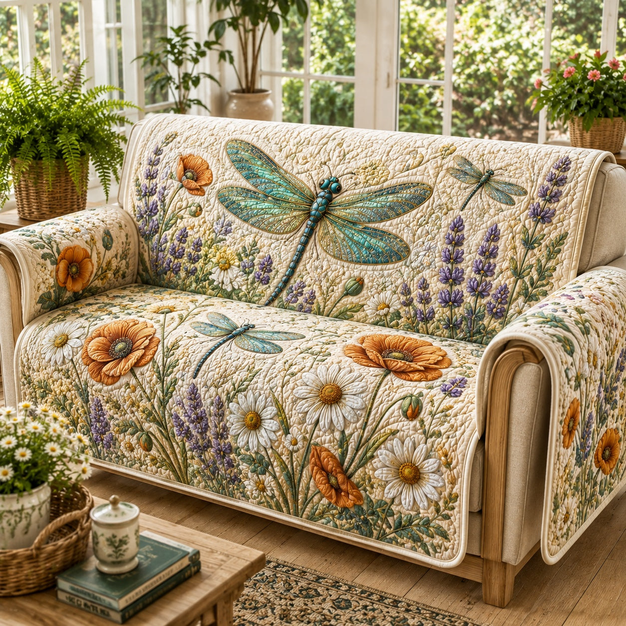 Wildflower Field Skimmer Quilted Sofa Cover Holiday Quilted Sofa Cover Gift For Xmas