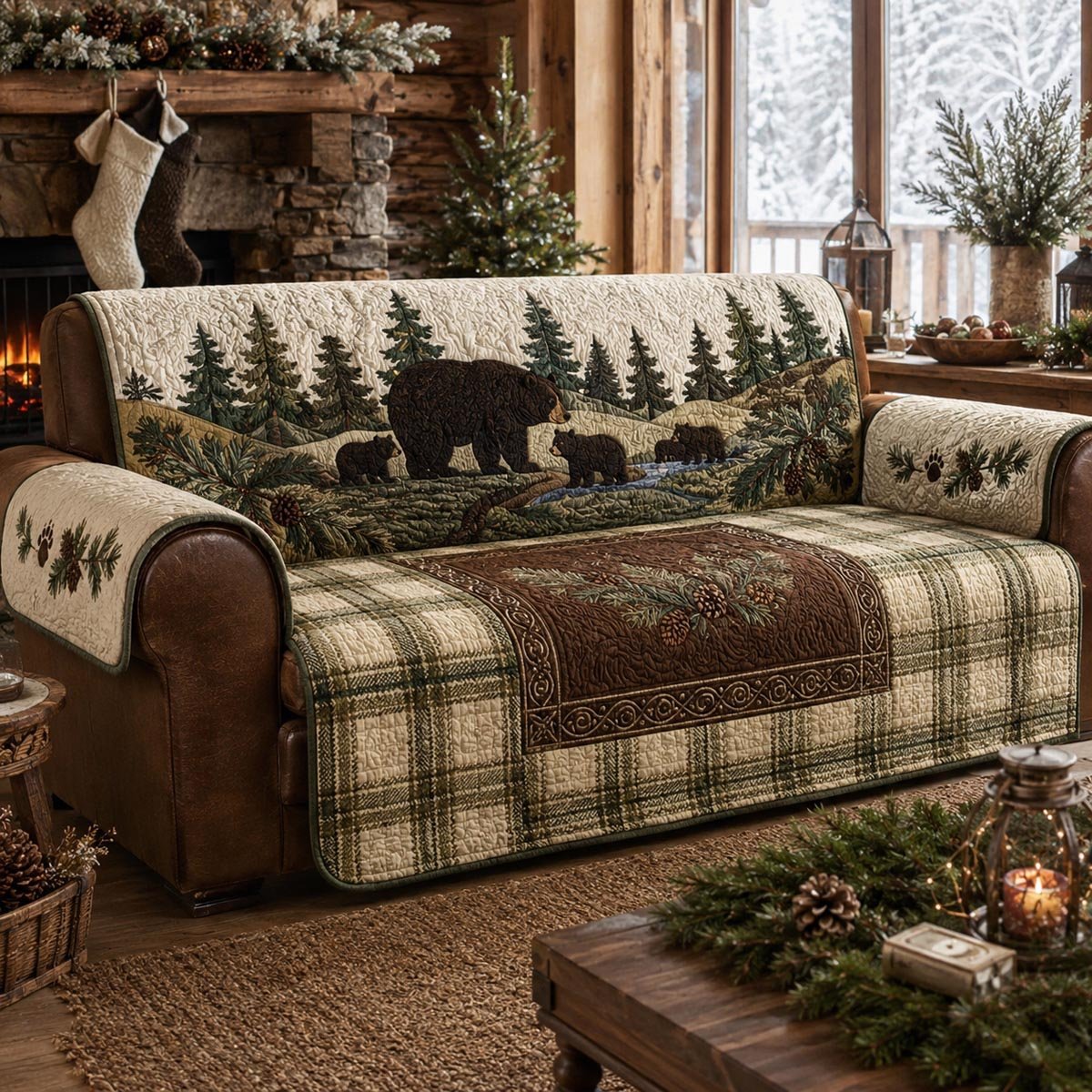 Woodland Bear Lodge Quilted Sofa Cover Xmas Sofa Cover Christmas Gifts For Wife