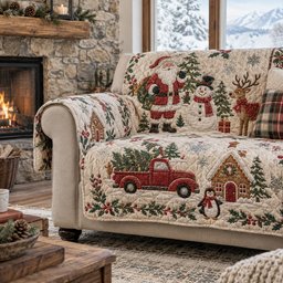 Yule Sleigh Journey Quilted Sofa Cover Christmas Sofa Protector Holiday Gifts