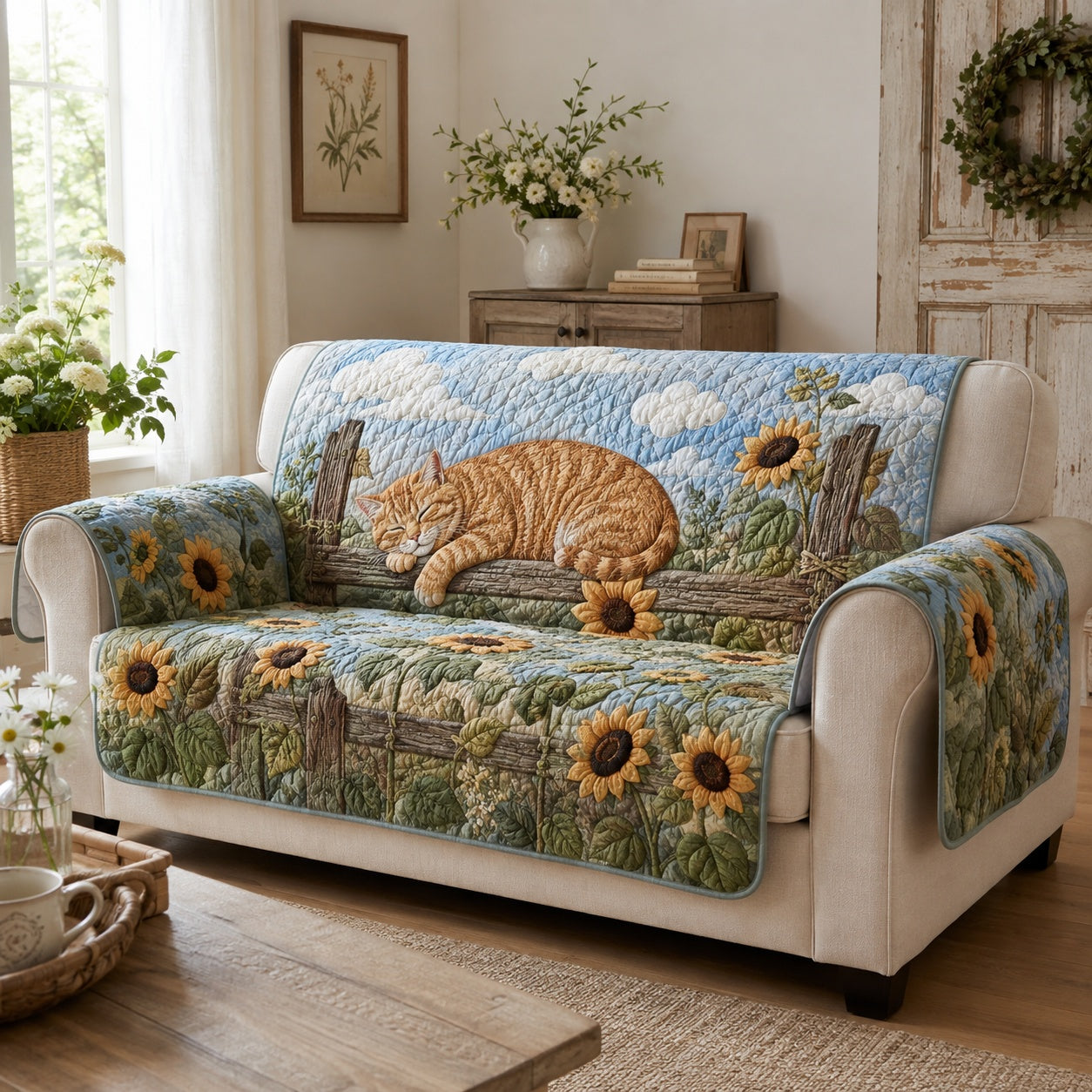 Sunlit Paws And Petals Quilted Sofa Cover Quilted Couch Cover Xmas Gift For New Home