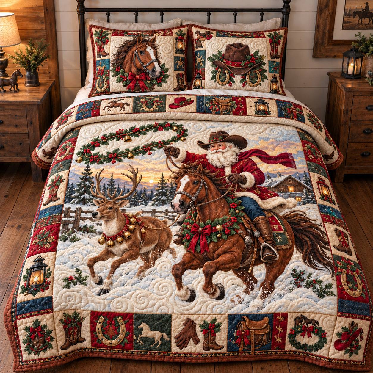 Santa Country Ride Quilted Bedding Set Xmas Santa Bedding Set Christmas Decor Gifts