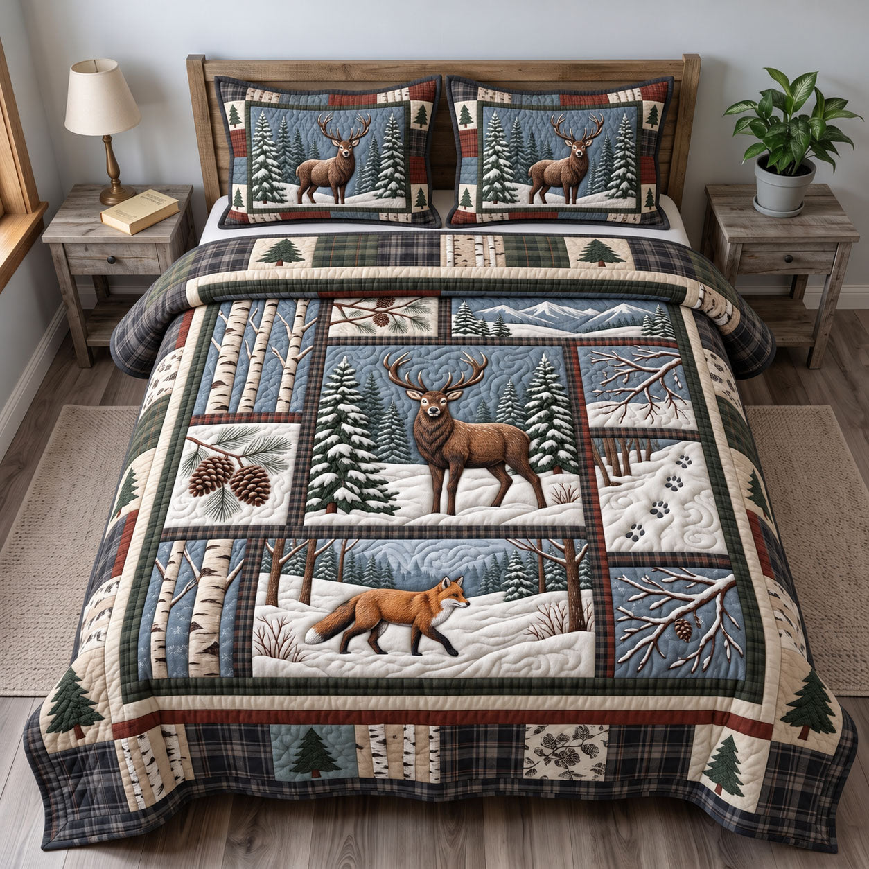 Rustic Deer Quilted Bedding Set Woodland Deer Bedding Set Xmas Decor Gifts