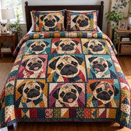 Pug Colorful Quilted Bedding Set Vibrant Pug Puppy Bedding Cozy Pet Decor Gifts