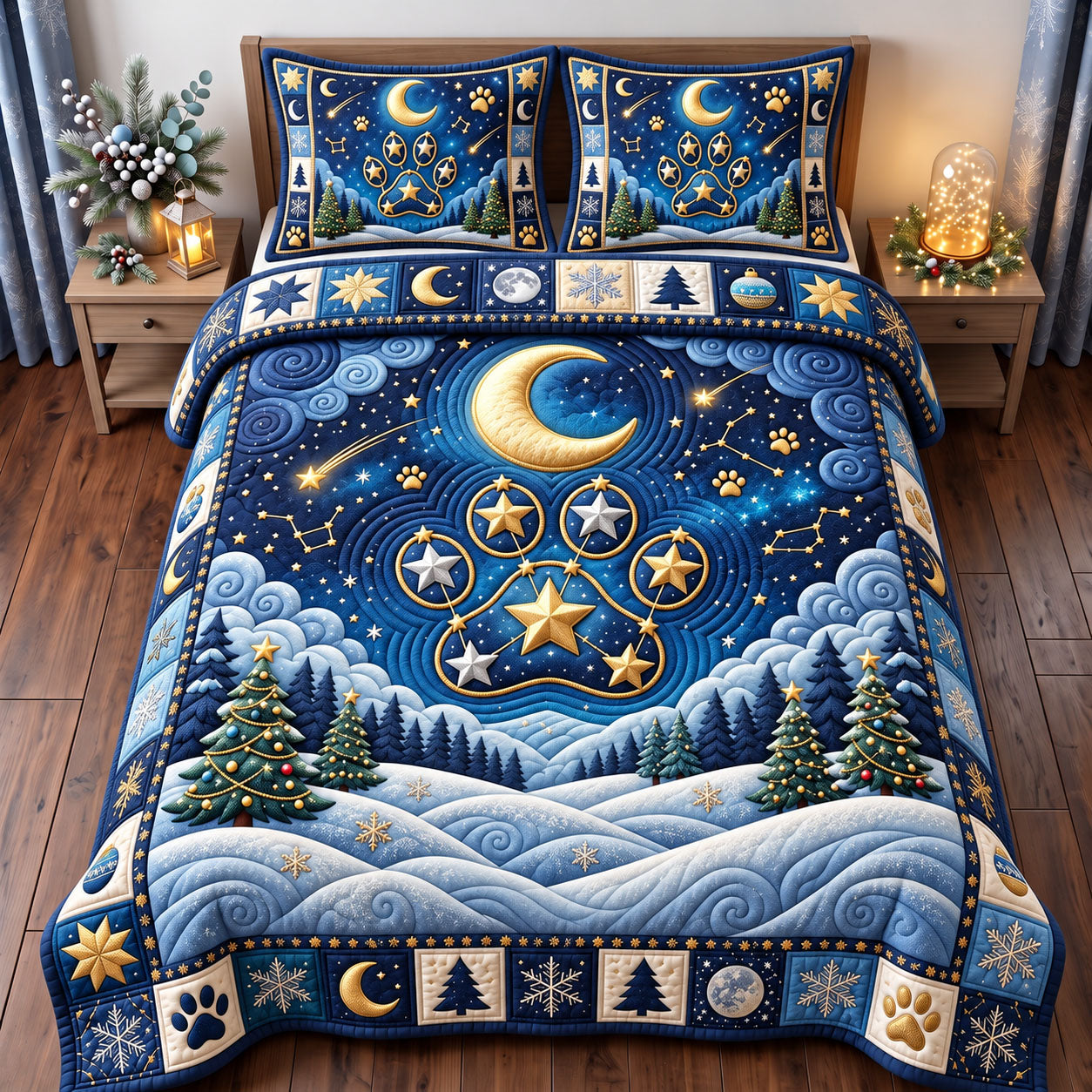 Santa Paws Quilted Bedding Set Xmas Star Bedding Set Christmas Moon Winter Decor Gifts